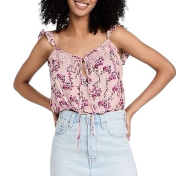 Floral Lace Cami Bodysuit Tank Top Tie Strap Ruffle Sleeve Summer - Picture 4 of 7